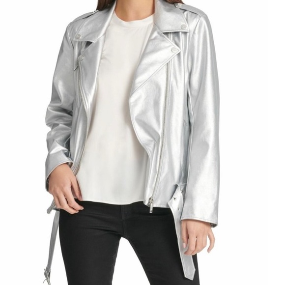 NWT Faux Leather Silver Moto Jacket by DKNY - Picture 3 of 10